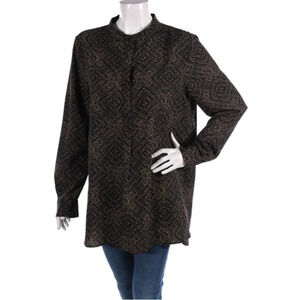 Lauren Ralph Lauren Black Button Down Tunic Patterned Starburst Tan Small Blouse